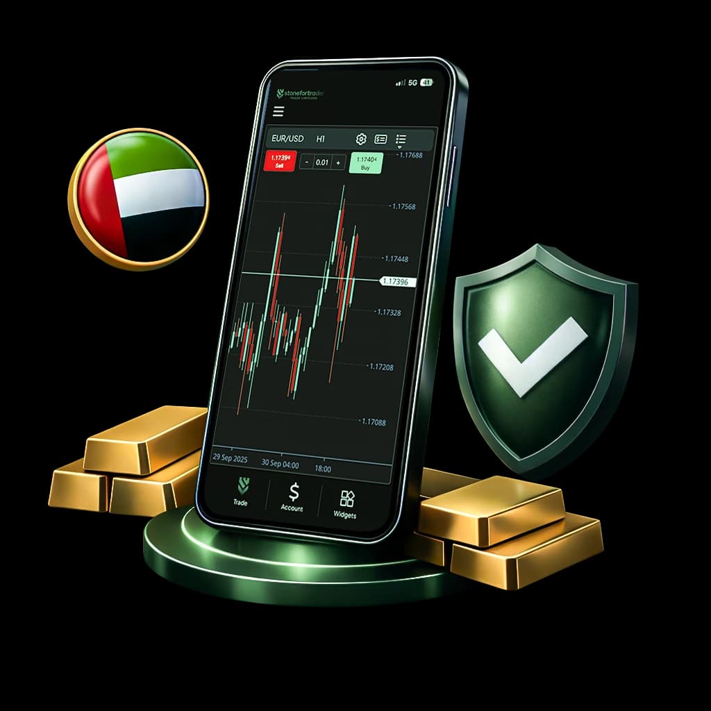 Trading app mockup showing live candlestick chart